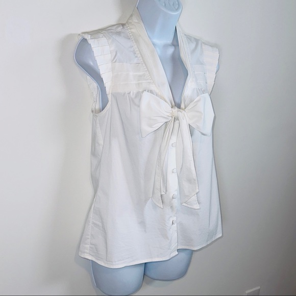 White Pleated Sleeveless Pussybow Button Down Top by Ann Taylor Loft Petites SP - Picture 6 of 8